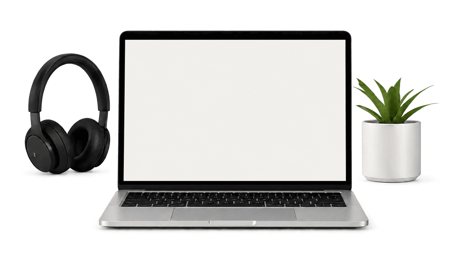 Black over-ear headphones beside a front-facing laptop and plant
