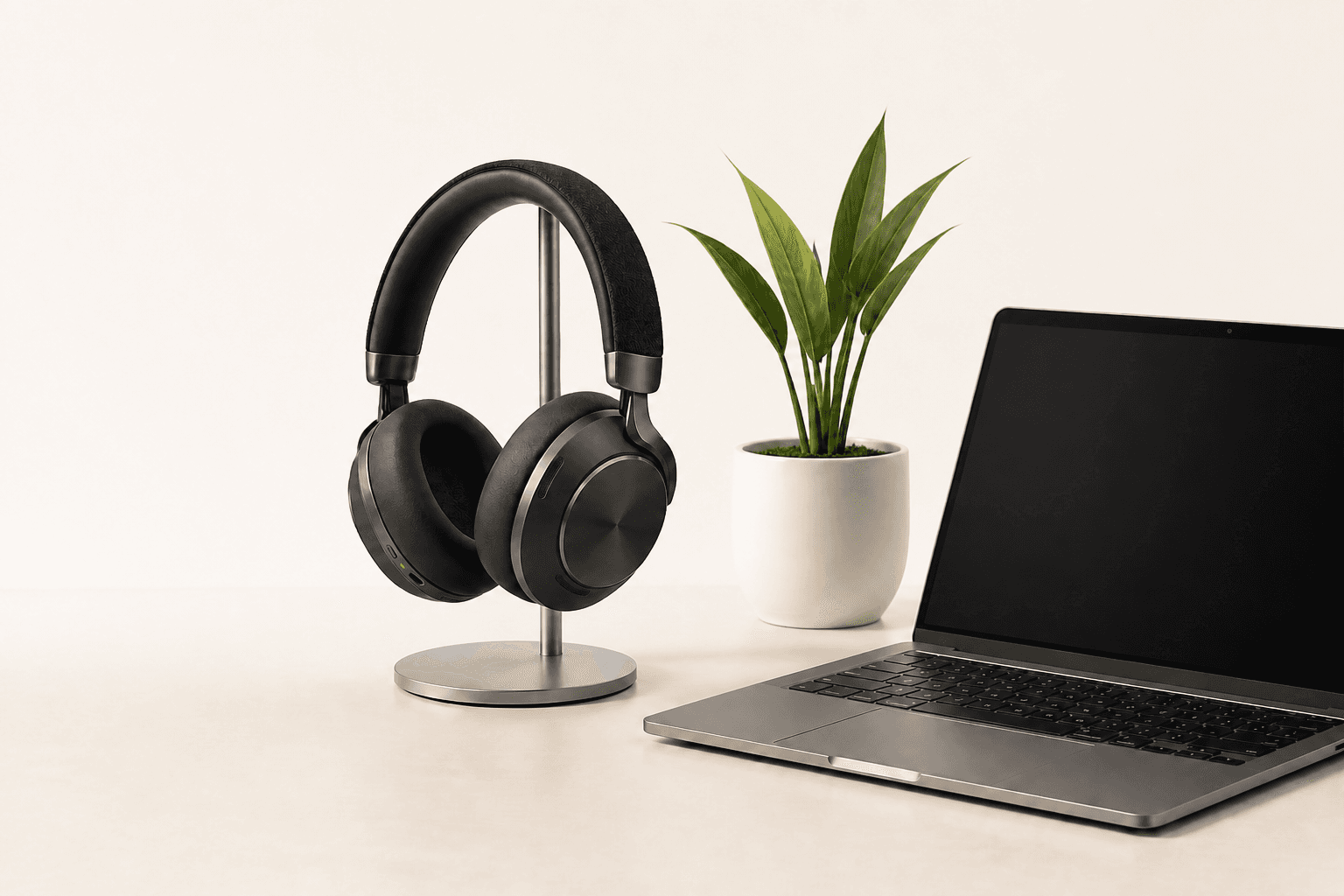Headphones, plant, and laptop on a clean desk